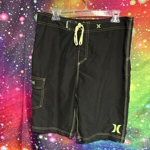 Hurley Black Board Shorts with Neon Yellow Accents